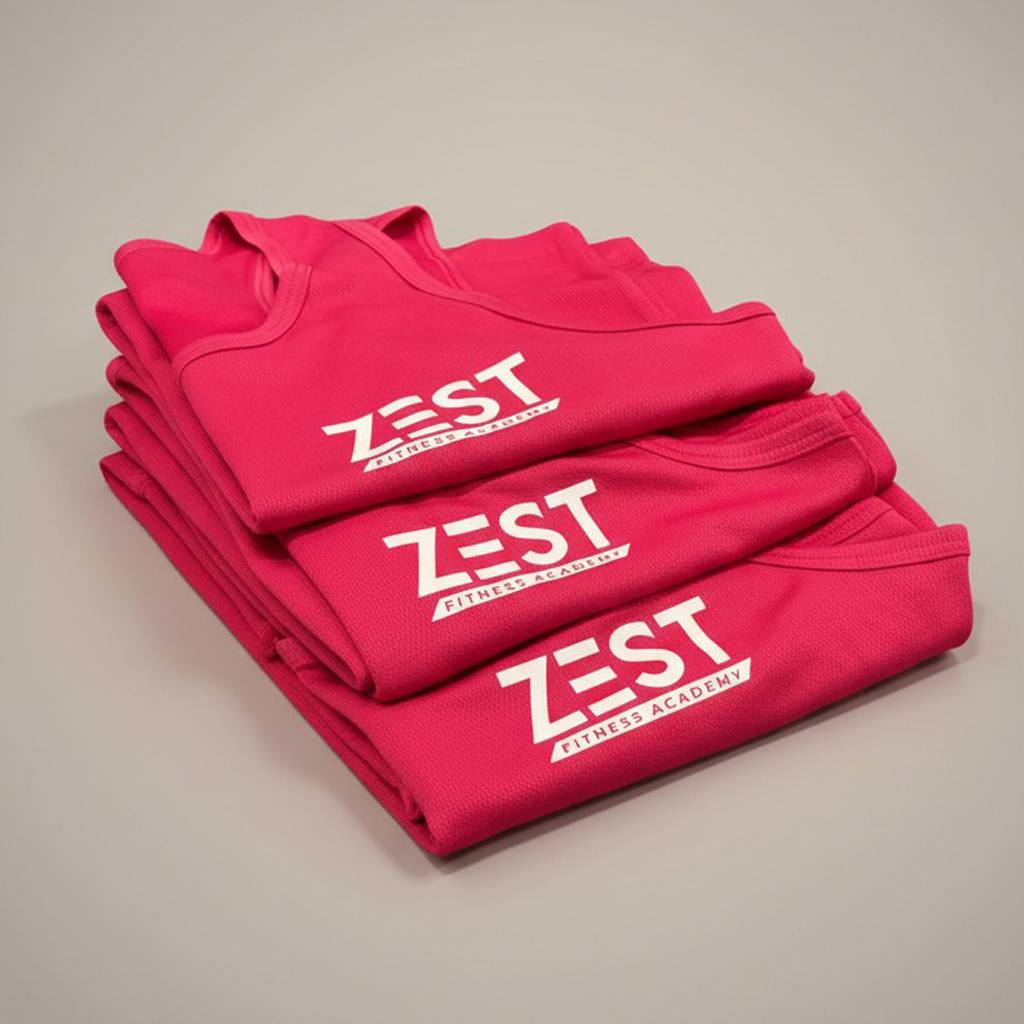 Stack of pink custom gym clothing with 'ZEST Fitness Academy' logo on a beige background