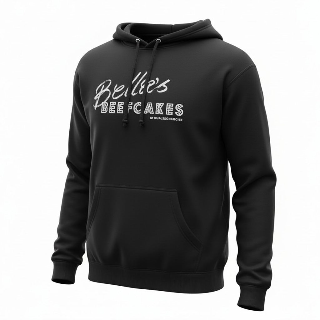 Black custom hoodie with white text on a white background