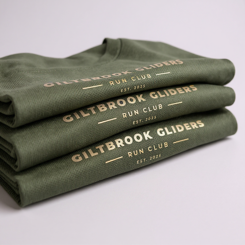 Stack of green custom printed t-shirts with 'Giltbrook Gliders Run Club' text on a light gray background