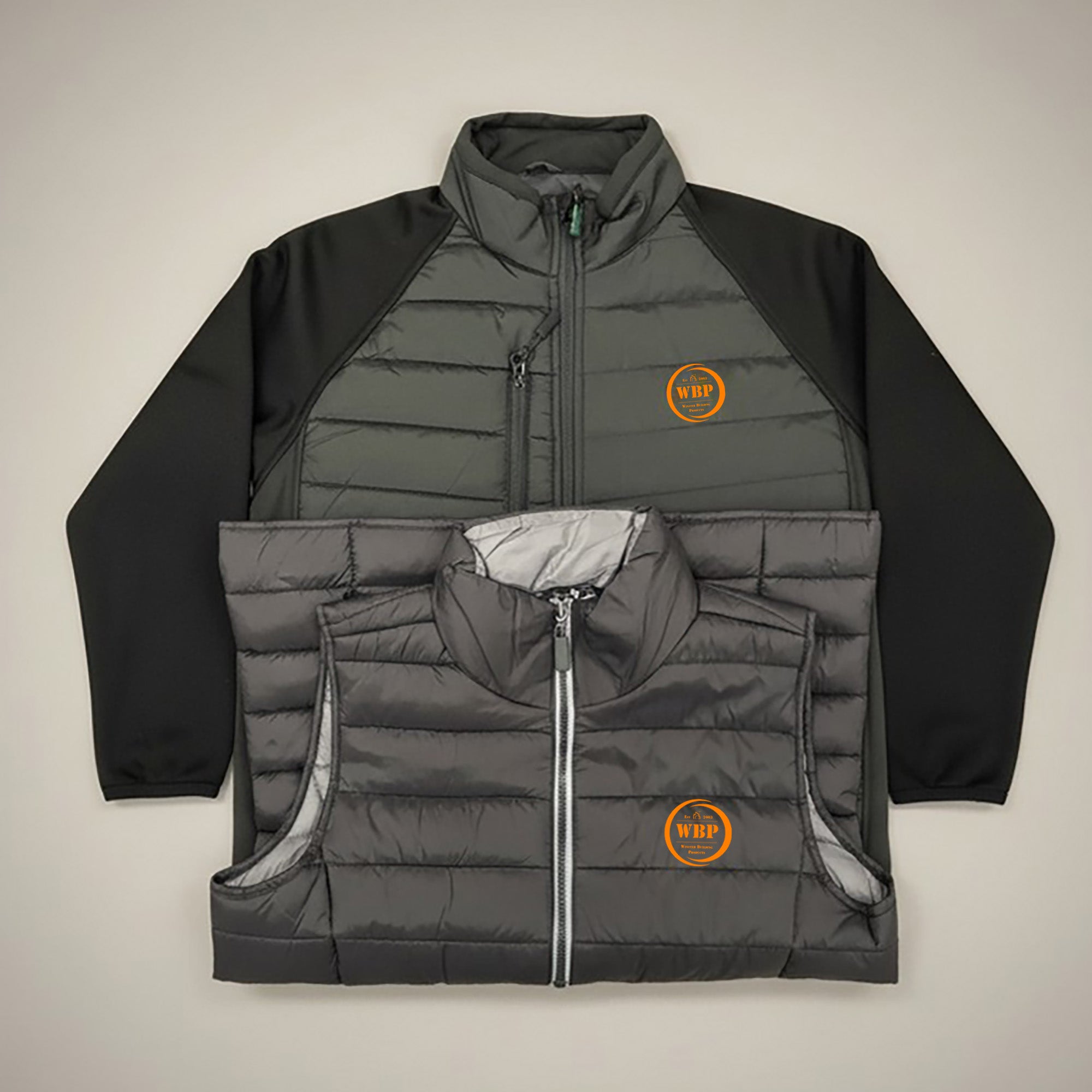A puffer jacket and a Gillet, on a light grey background.
