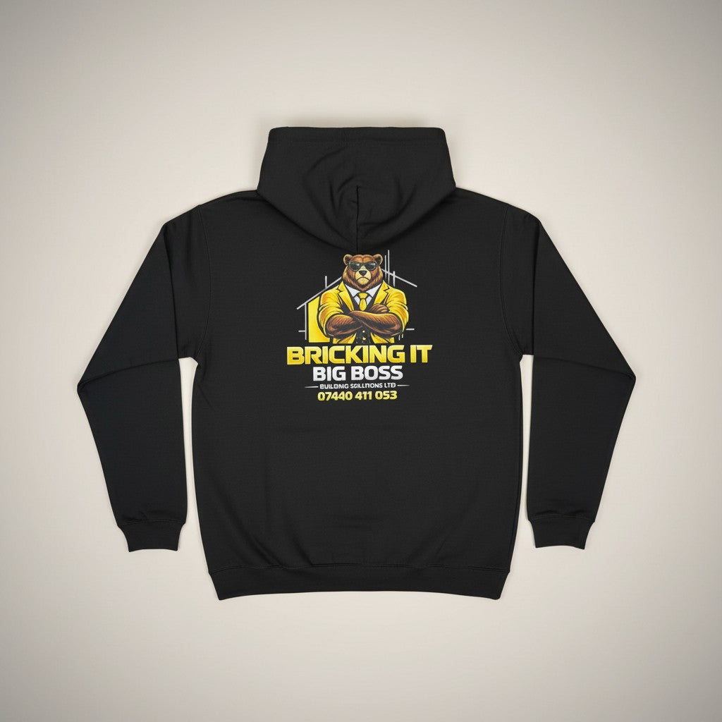 Black hoodie with a bear graphic and text on the back against a light gray background